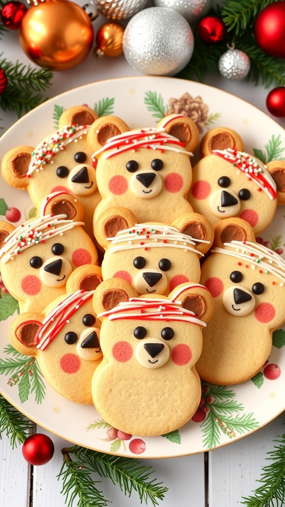 A plate of decorated Christmas bear cookies with icing and sprinkles, set against a festive holiday backdrop.